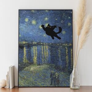 Starry Night Over the Rhône Black Cat Print